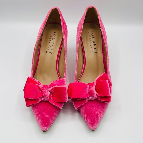 Journee Collection Shoes - Barbie core Pink Velvet Bow Pointed Toe Kitten Heel Pumps Womens Size 8